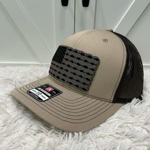 Laser engraved American flag fish. Richardson 112 trucker hat.